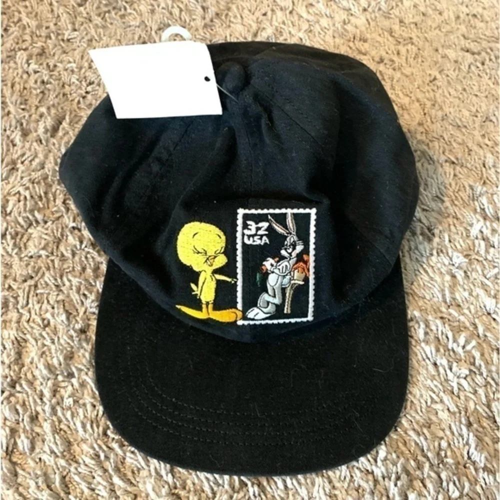 New Vintage Looney Tunes Stamp Collection Tweety Bird Bugs Bunny Cap Black